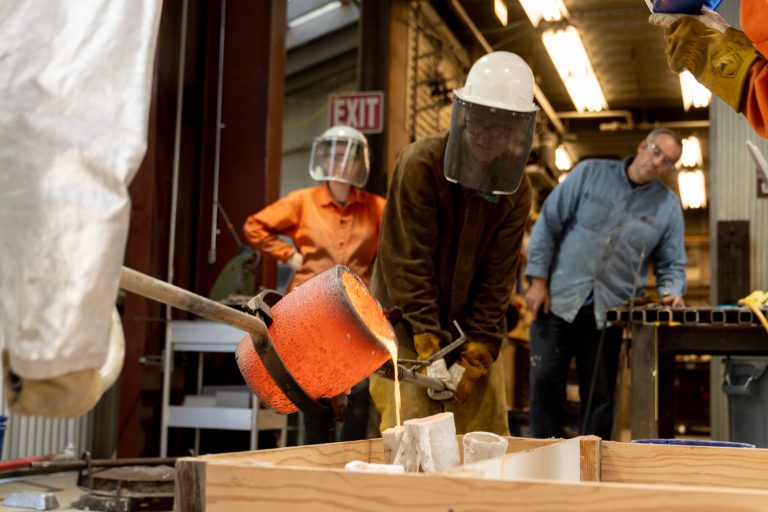hot metal casting process underway in the sculpture facility at Anderson Ranch Arts Center