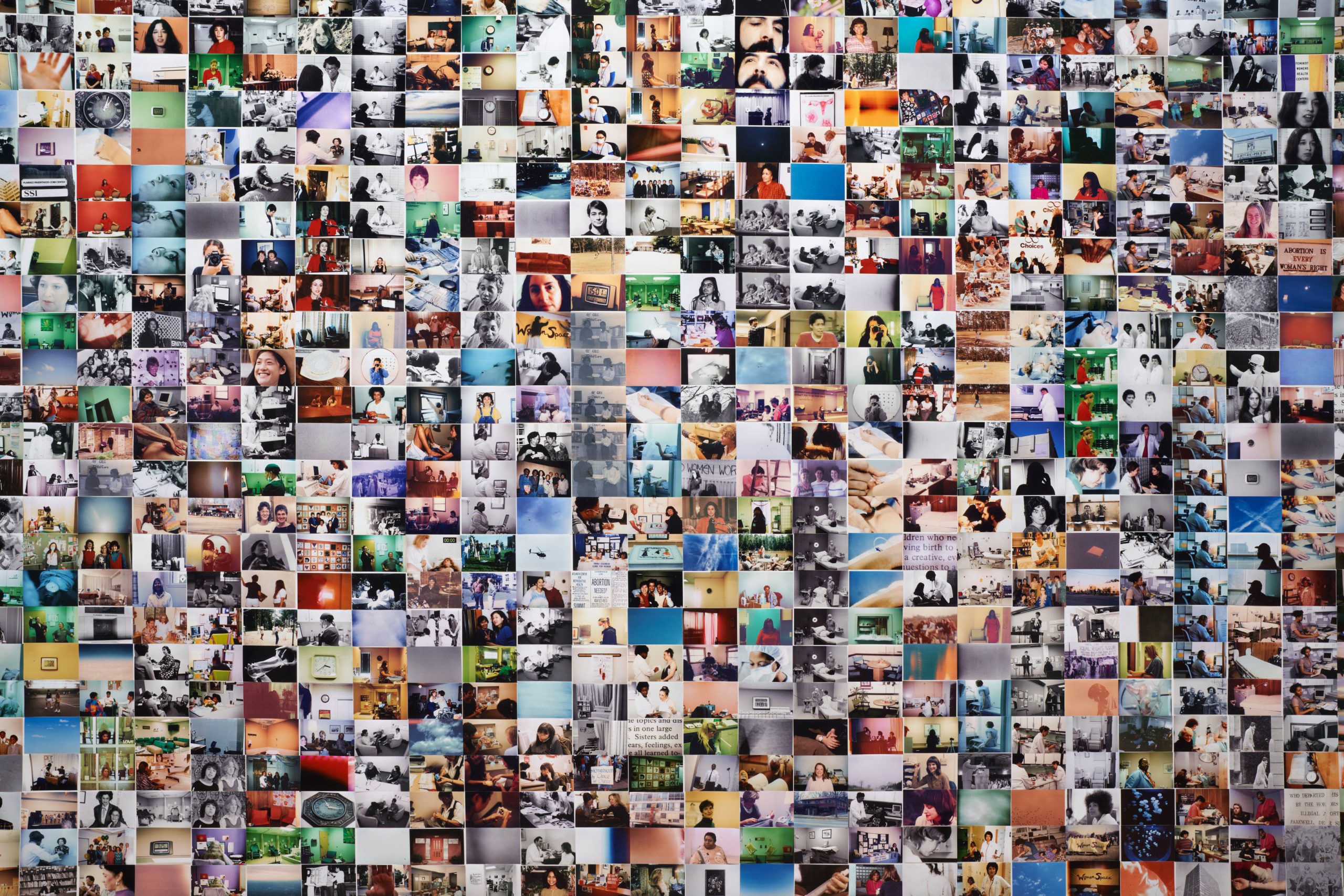 Photographic collage artwork or installation piece associated with Carmen Winant’s workshop, showing layered images and printed materials