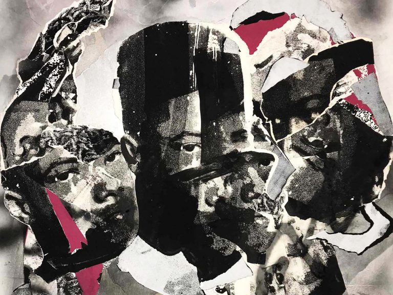 Screen print collage workshop featuring layered screen printing, collage elements, and textured mixed media prints