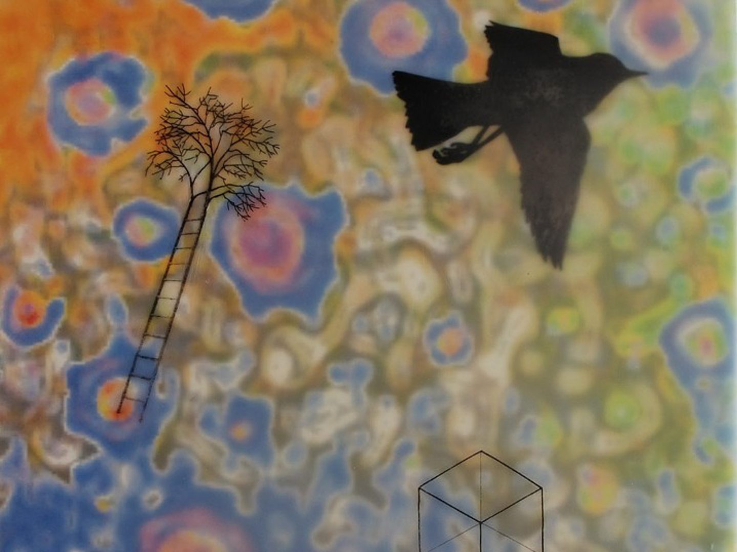 K Rhynus Cesark, Ascend, digitally altered monoprint with transfers and encaustic on panel, featuring layered abstract imagery.