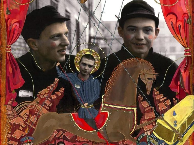 Mixed media artwork layering photographic imagery with ink and paint