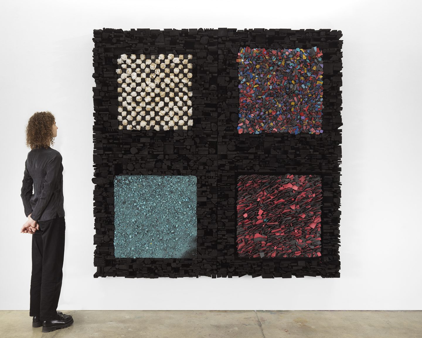Number 358, 2022 Wood, paint, plaster, sand, and cotton 92 x 92 x 7 inches (233.7 x 233.7 x 17.8 cm)