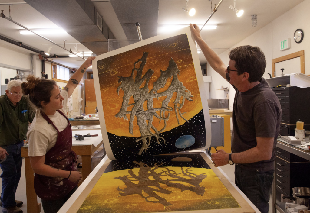 Master Printer Brian Shure works on visiting artist John Buck's woodcut print, Driftwood on the Moon, 2019, in the Anderson Ranch print shop. Anderson Ranch Arts Center/Courtesy photo