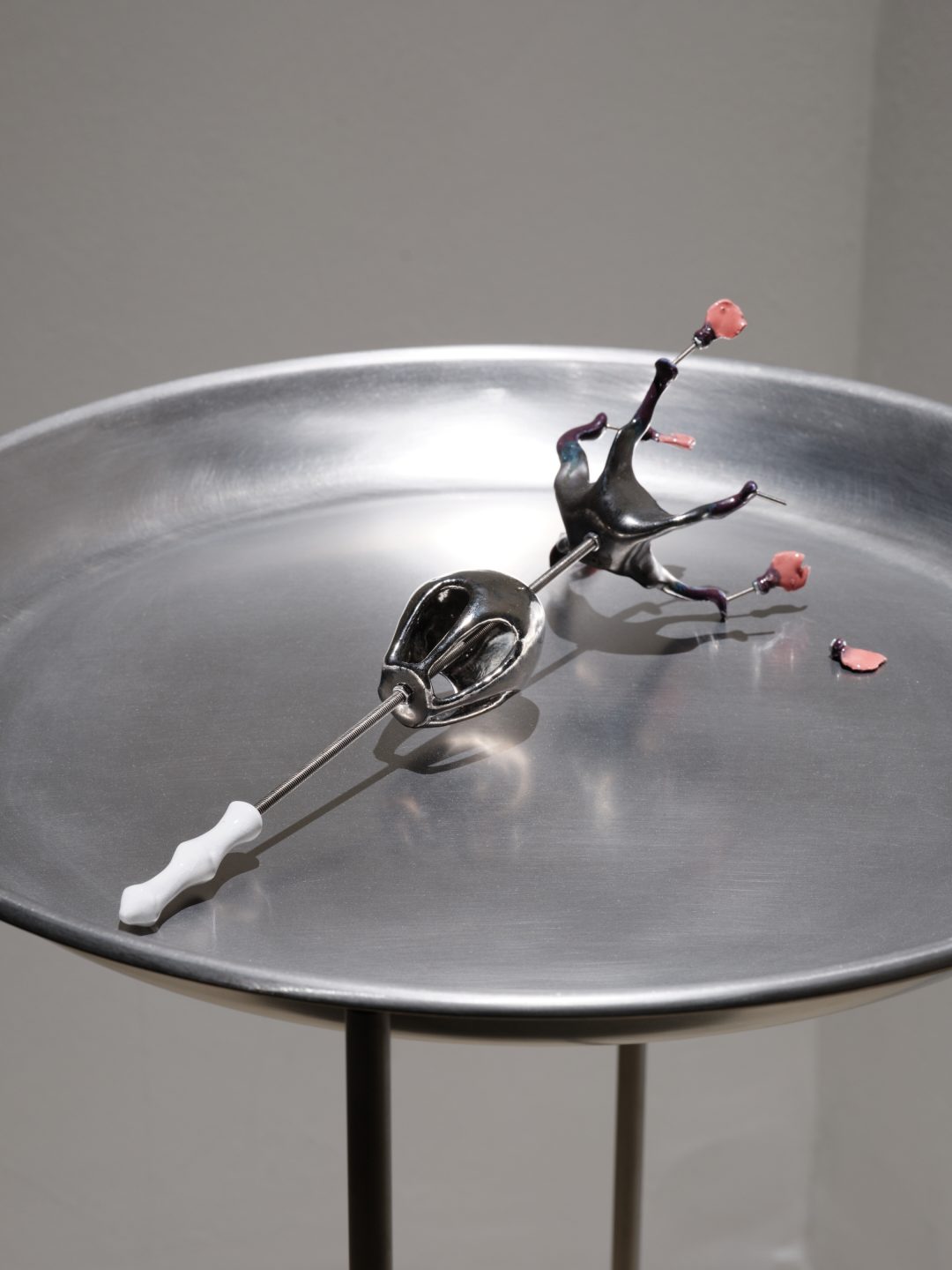Julia Phillips, Fertilizer (2026), ceramic, stainless steel, and medical PVC tube sculpture.